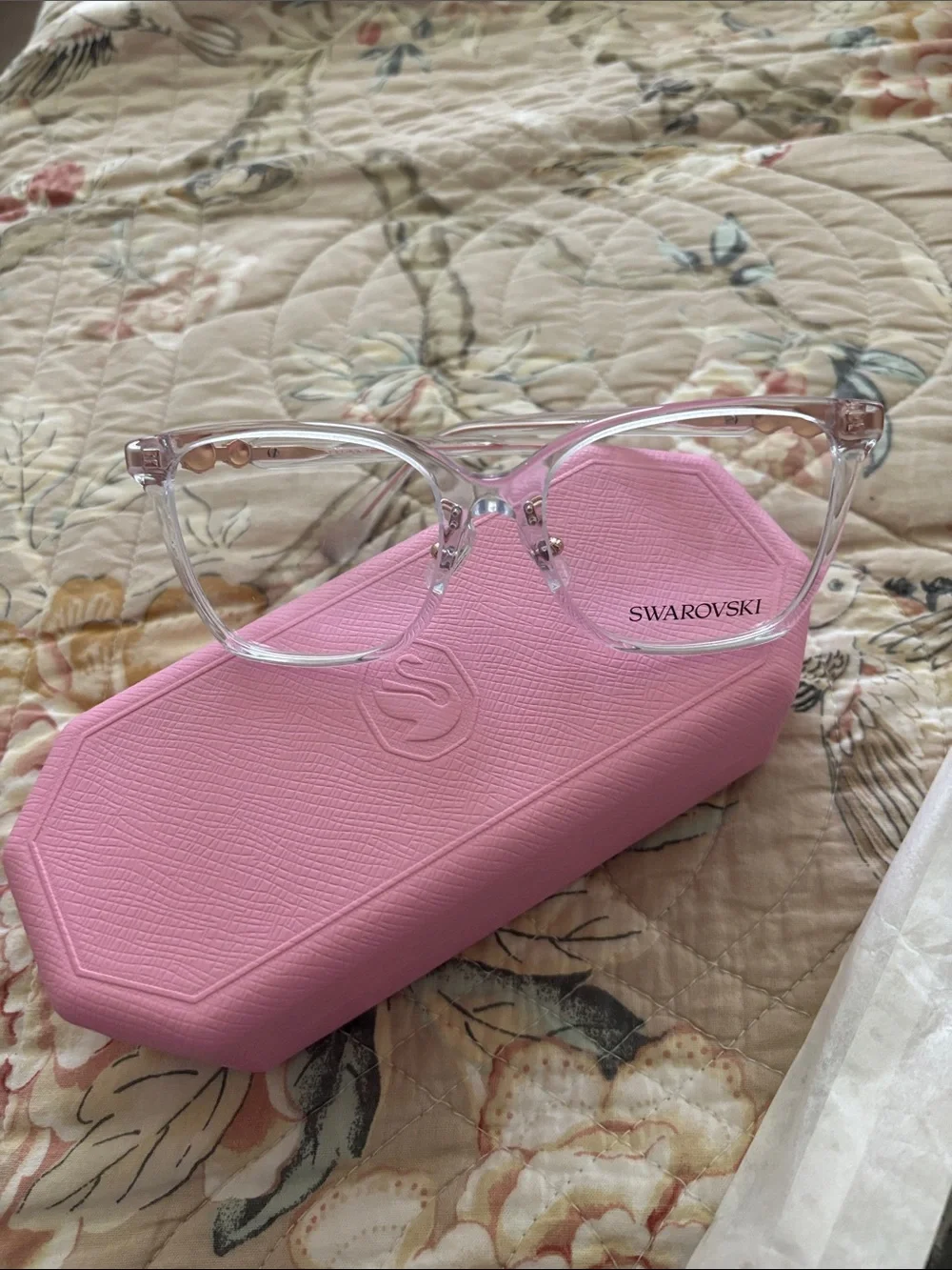 Swarovski Clear Frame Glasses with Pink Hard Case and Gold Accents